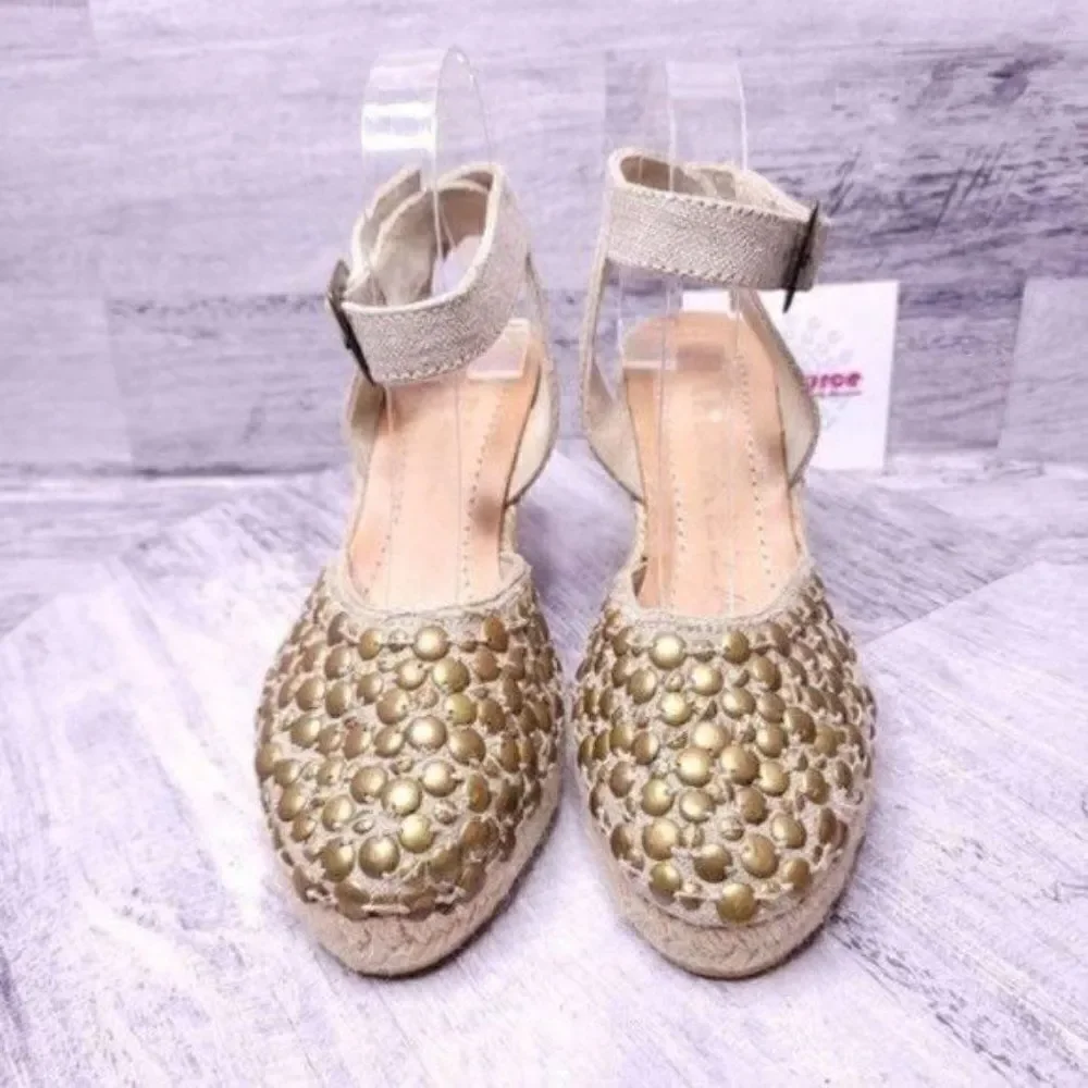Apepazza Studded Ankle Wrap Espadrille Wedge Sandal Tan sz 38 Women's sz 8 - Picture 2 of 10